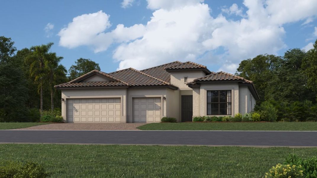 Front exterior of a new home in Verdana Village: Manor Homes, Estero, FL, highlighting curb appeal (Image 1). Front exterior of a new home in Verdana Village: Manor Homes, Estero, FL, highlighting curb appeal (Image 1).