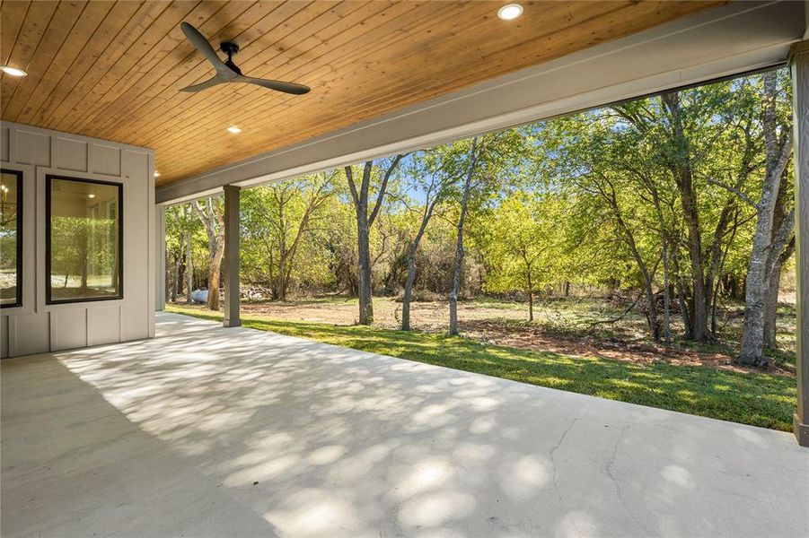 View of patio featuring a ceiling fan