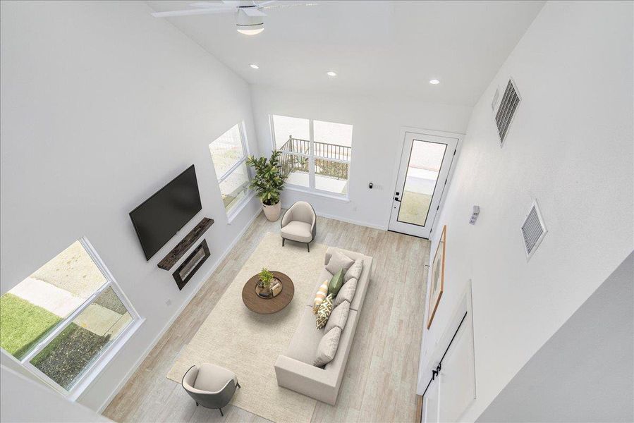 Open living area with cathedral ceilings Open living area with cathedral ceilings