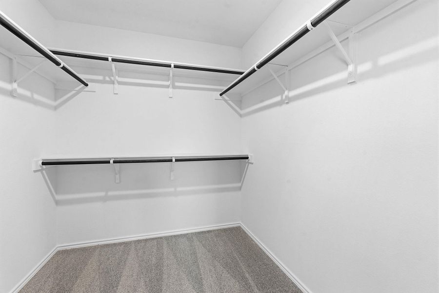 Spacious walk-in closet featuring white walls, multi-level shelving, integrated hanging rods, and grey patterned carpet flooring Spacious walk-in closet featuring white walls, multi-level shelving, integrated hanging rods, and grey patterned carpet flooring