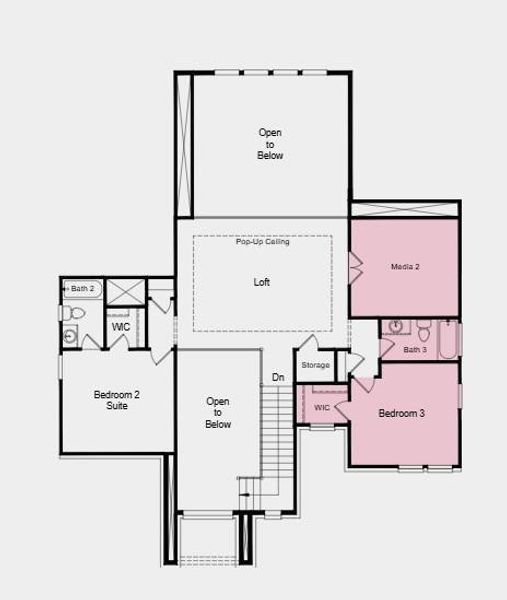 Floor 2 - Additional Highlights Include: Gourmet kitchen, bedroom 5 with bath 4 in place of flex/half bath, black vinyl sliding door unit at great room, interior fireplace at great room, media room in place of bedroom 4, free-standing oval tub at primary bath, spa shower at primary bath, exterior gas line, pre-plumb for future water softener at garage, and pre-plumb for future laundry sink