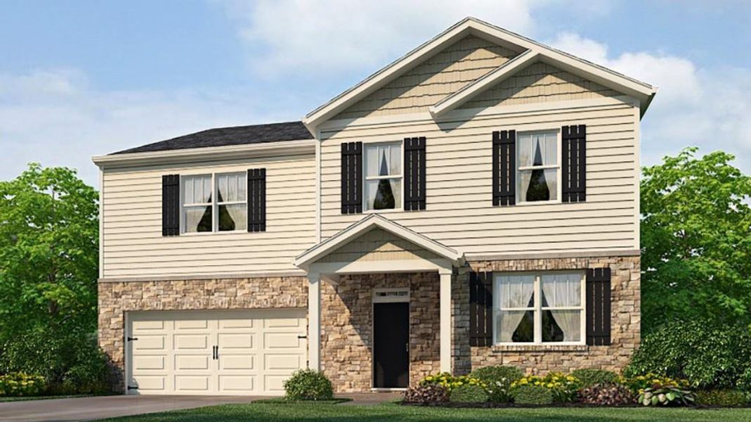 Front exterior of a new home in South Wind, Union City, GA, highlighting curb appeal (Image 1). Front exterior of a new home in South Wind, Union City, GA, highlighting curb appeal (Image 1).