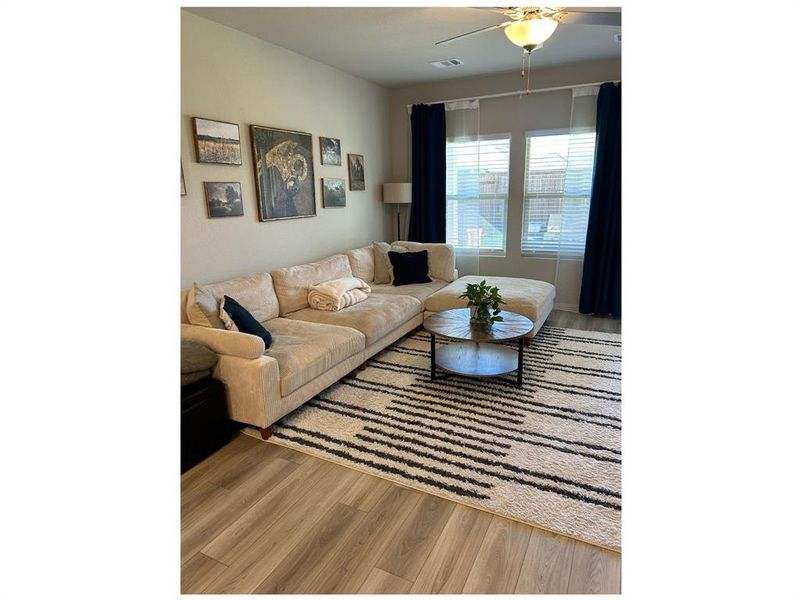 Living room featuring ceiling fan and hardwood / wood-style flooring