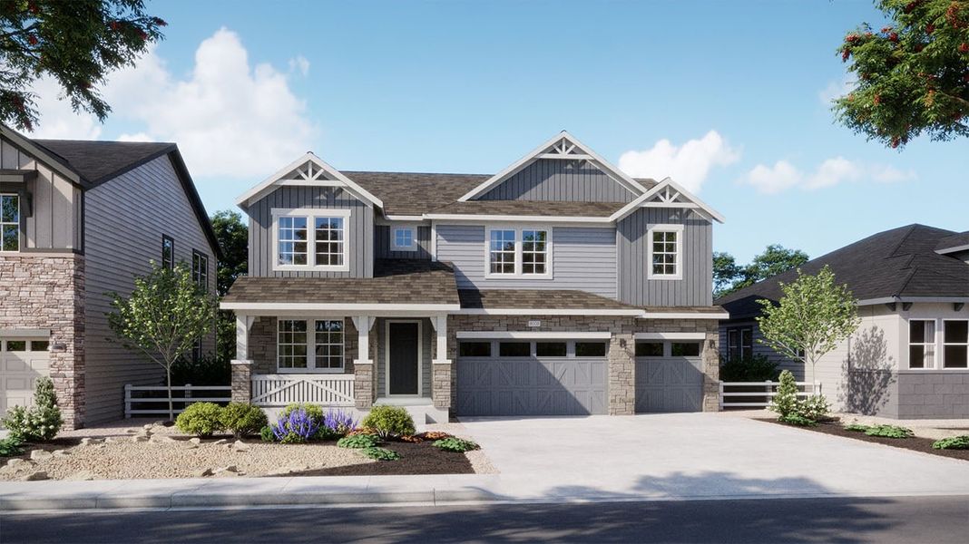 Front exterior of a new home in The Estates Collection at Murphy Creek, Aurora, CO, highlighting curb appeal (Image 2). Front exterior of a new home in The Estates Collection at Murphy Creek, Aurora, CO, highlighting curb appeal (Image 2).