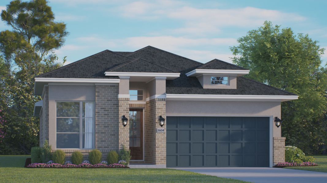 Representative exterior photo of a completed home built from the Orlando by Chesmar Homes in Wood Leaf Reserve, Tomball, TX (Image 12). Representative exterior photo of a completed home built from the Orlando by Chesmar Homes in Wood Leaf Reserve, Tomball, TX (Image 12).