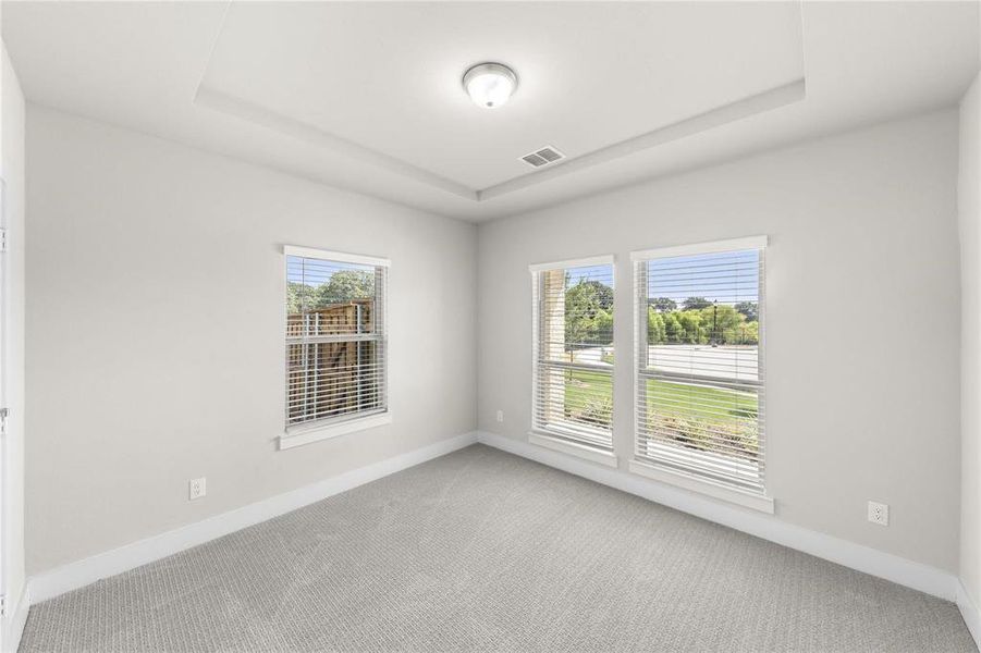 Spacious room featuring light gray carpeting, a tray ceiling, and three large windows with white blinds Spacious room featuring light gray carpeting, a tray ceiling, and three large windows with white blinds