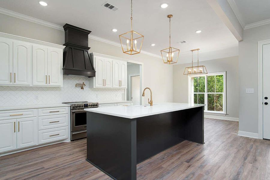 Kitchen featuring visible vents, ornamental molding, white cabinetry, electric stove, and dark wood-style floors