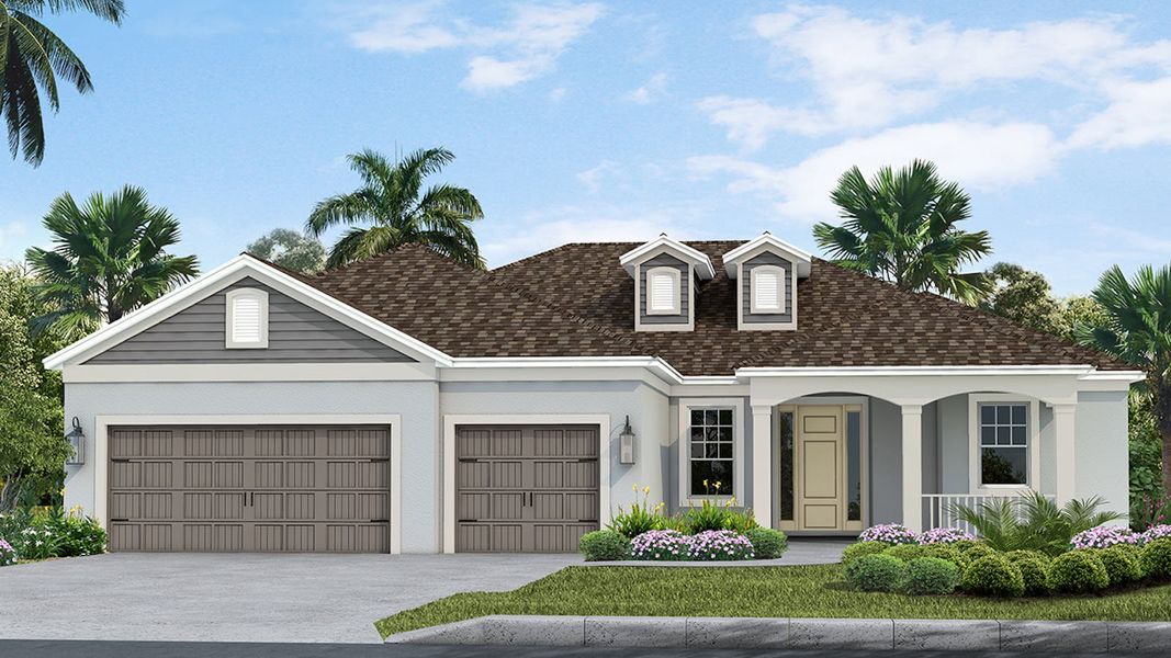 Front exterior of a new home in Canoe Creek Real Estate and Homes for Sale in Parrish, FL - Neal Communities, Parrish, FL, highlighting curb appeal (Image 1). Front exterior of a new home in Canoe Creek Real Estate and Homes for Sale in Parrish, FL - Neal Communities, Parrish, FL, highlighting curb appeal (Image 1).