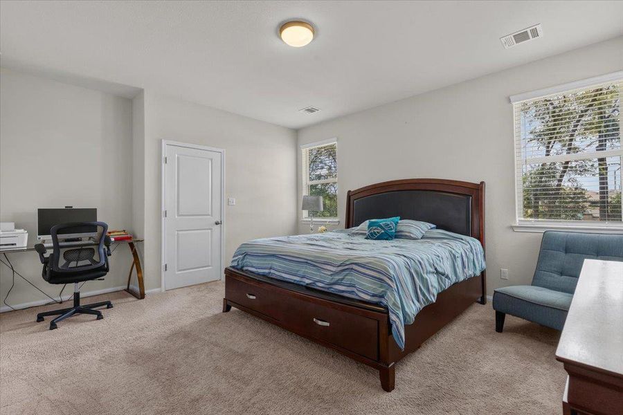 Plentiful natural light streams through multiple windows over neutral carpeting and neutral walls.