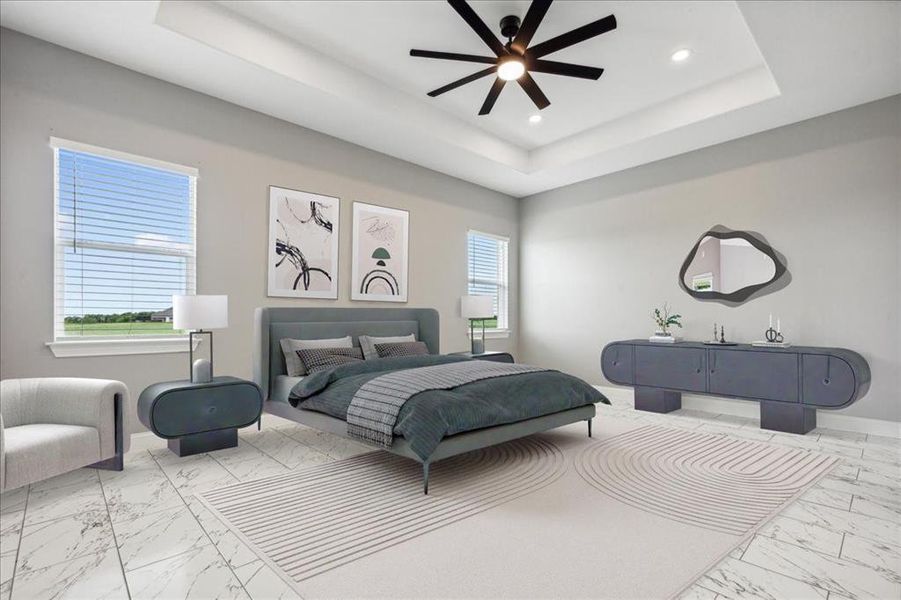 Bedroom with light tile flooring, ceiling fan, and a raised ceiling