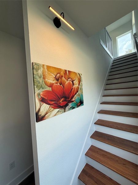 View of stairs with an art wall which shows from the front view of the home View of stairs with an art wall which shows from the front view of the home