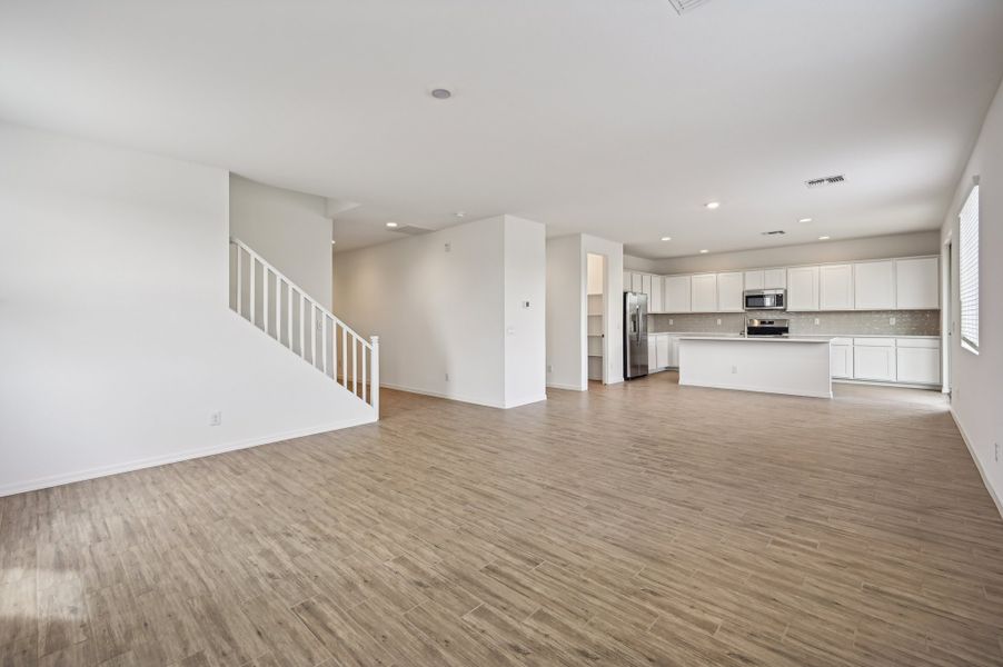 Great room, dining and kitchen