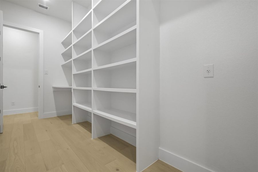 Spacious closet featuring light wood-style flooring