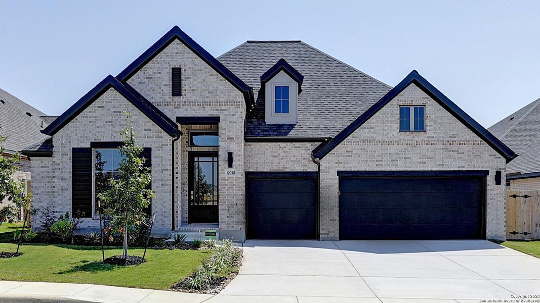 Front exterior of a new home in Kallison Ranch 60', San Antonio, TX, highlighting curb appeal (Image 26).