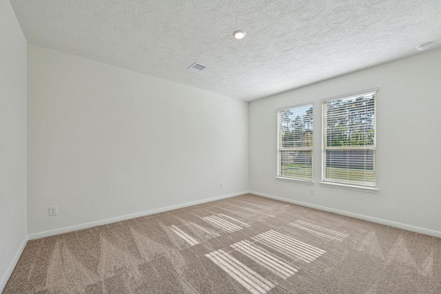 Come and unwind after a long day in this magnificent primary suite! This spacious room features plush carpet flooring, neutral paint, high ceilings and large windows with privacy blinds.