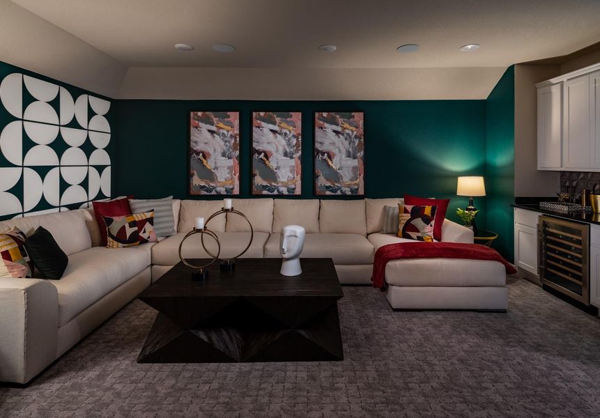 Living room featuring wine cooler, a dry bar, and carpet flooring Living room featuring wine cooler, a dry bar, and carpet flooring