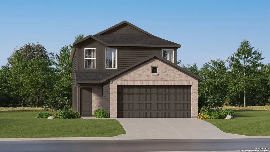 Front exterior of a new home in Espada: Belmar Collection, San Antonio, TX, highlighting curb appeal (Image 1).