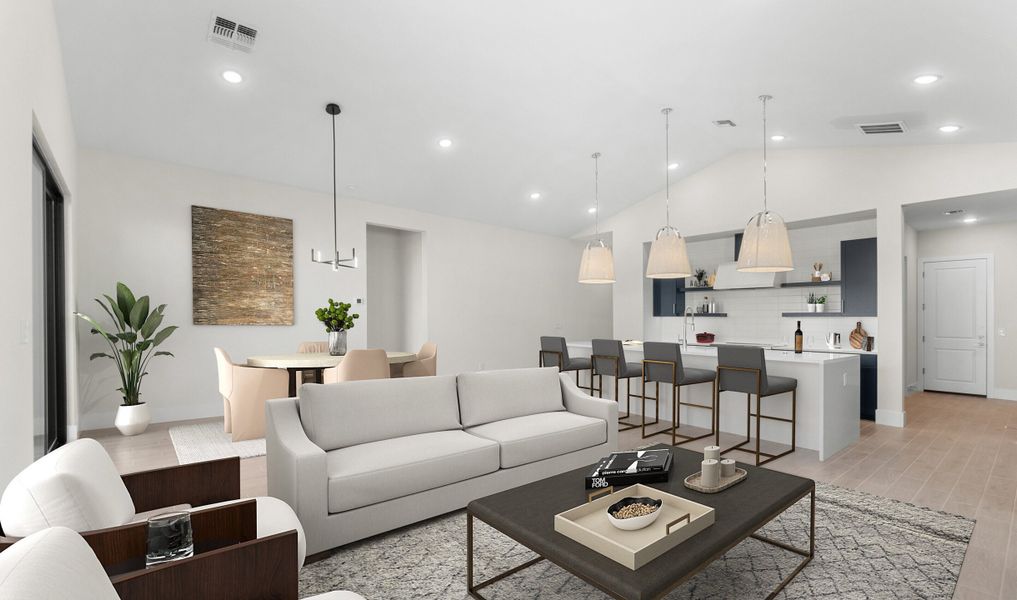 Great room and kitchen with vaulted ceiling