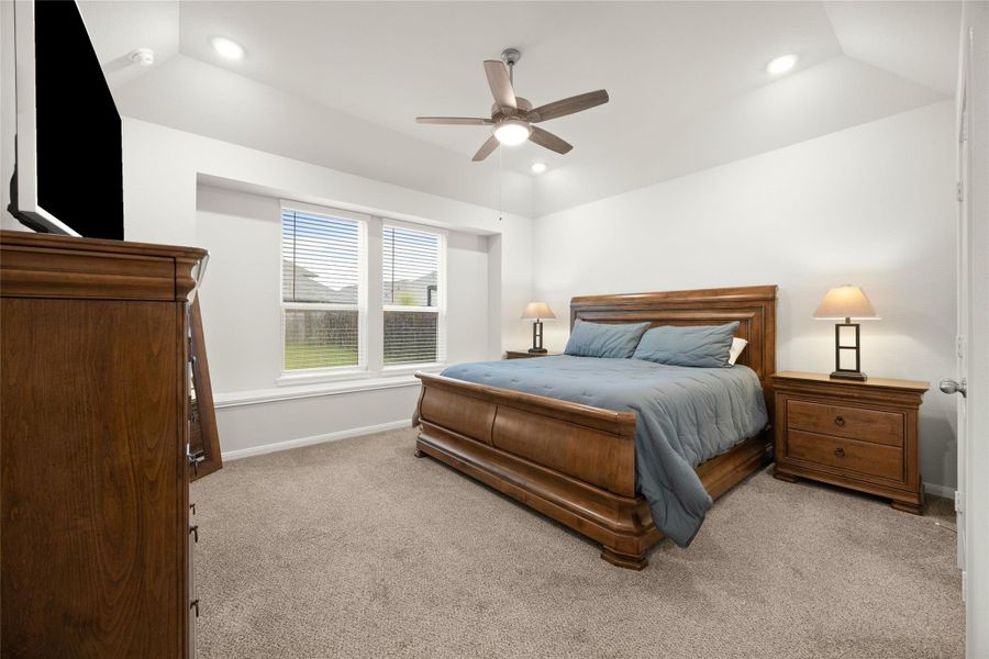 A beautiful tray ceiling, with recessed lights adds architectural interest and dimension to the room. A beautiful tray ceiling, with recessed lights adds architectural interest and dimension to the room.