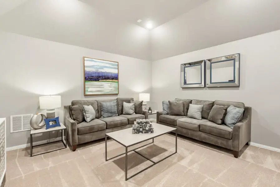 Living room with two gray sofas, coffee table, and high vaulted ceiling