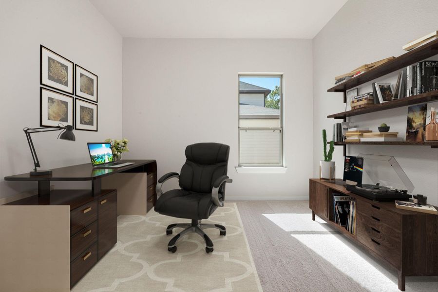 Bright and versatile, this room makes the perfect home office or study space. A large window fills the room with natural light, creating an inviting and productive atmosphere.
