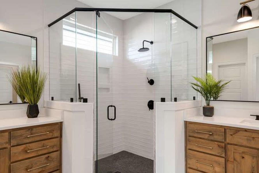 Full bathroom with vanity and a stall shower Full bathroom with vanity and a stall shower
