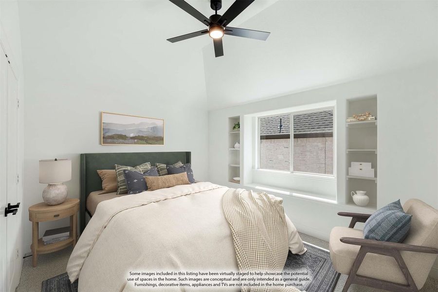 Bedroom with vaulted ceiling, ceiling fan, built-in shelves, and large window