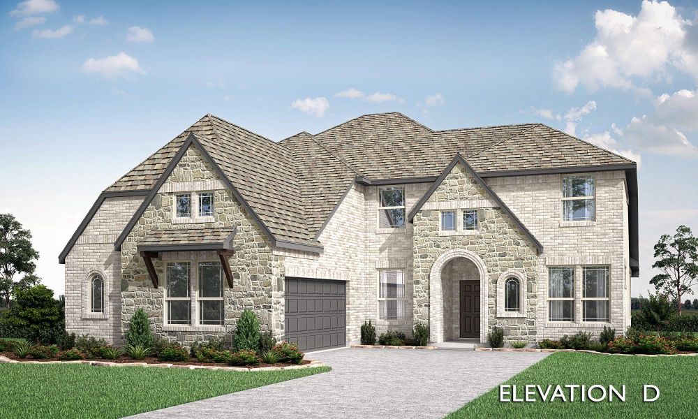 Two-story home with stone and brick exterior, two-car garage, and arched entry door, Elevation D Two-story home with stone and brick exterior, two-car garage, and arched entry door, Elevation D
