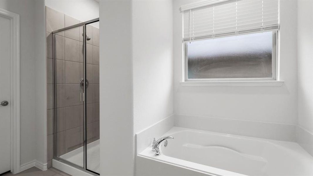 Full bath featuring a garden tub and a stall shower Full bath featuring a garden tub and a stall shower