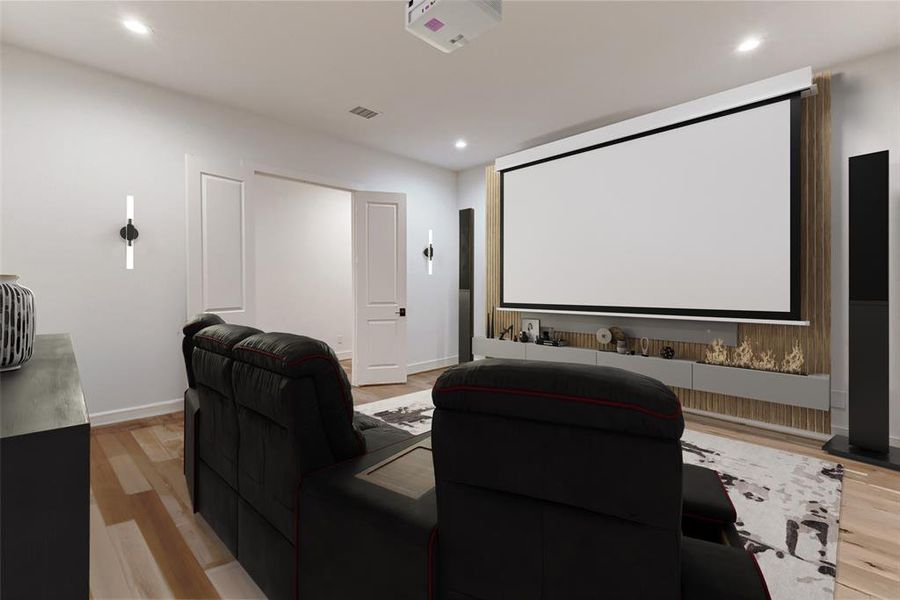 This third rendering showcases a modern home theater room with plush reclining seats, a large projector screen, and sleek wall-mounted speakers. The space is well-lit with minimalist decor, creating a cozy and inviting atmosphere for entertainment.