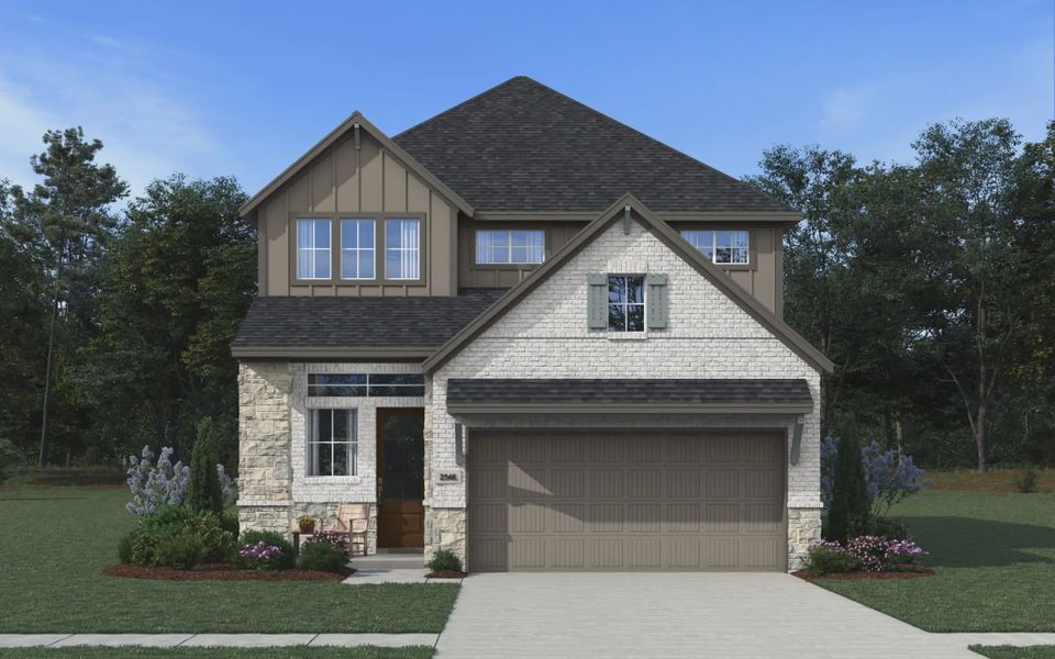 Representative exterior photo of a completed home built from the Jolene by Chesmar Homes in Stillwater Ranch, Buda, TX (Image 8).