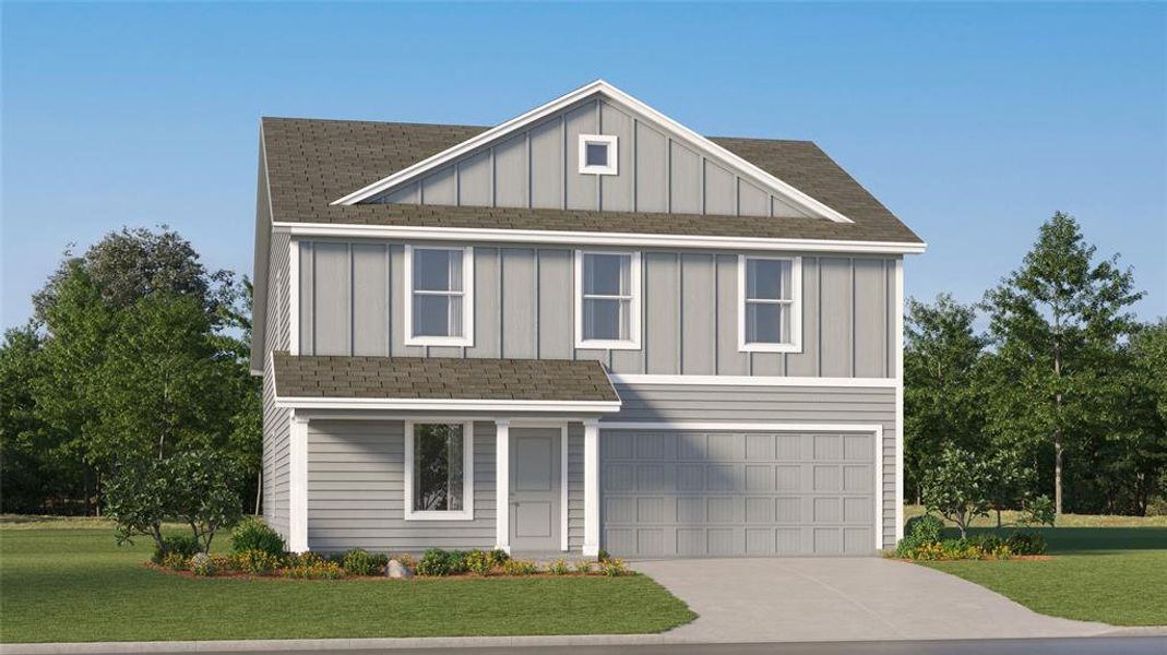 View of front of property featuring board and batten siding, roof with shingles, a front lawn, and a garage View of front of property featuring board and batten siding, roof with shingles, a front lawn, and a garage