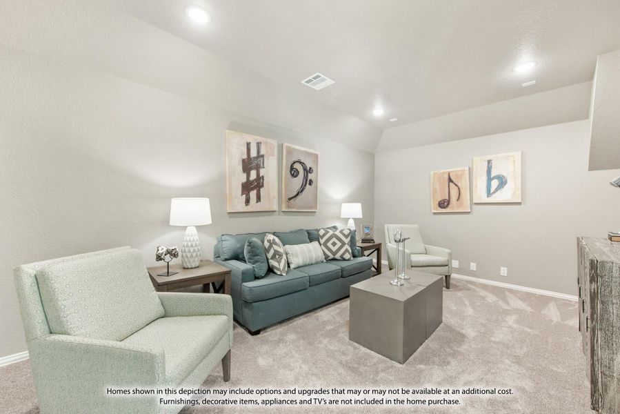Living room with teal sofa, accent chairs, carpet flooring, and music-themed wall art under vaulted ceiling
