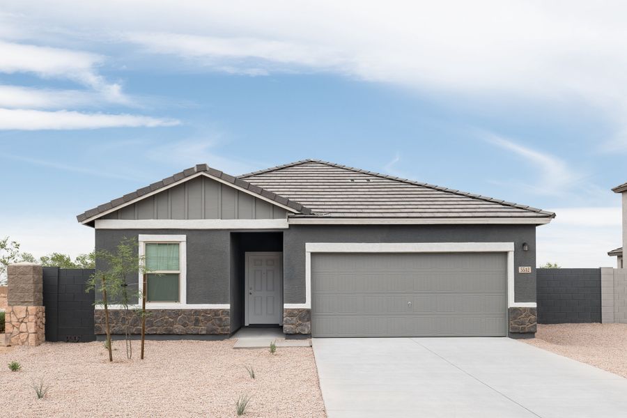 Representative exterior photo of a completed home built from the The Prism by Starlight Homes in Magic Ranch, Florence, AZ (Image 2). Representative exterior photo of a completed home built from the The Prism by Starlight Homes in Magic Ranch, Florence, AZ (Image 2).