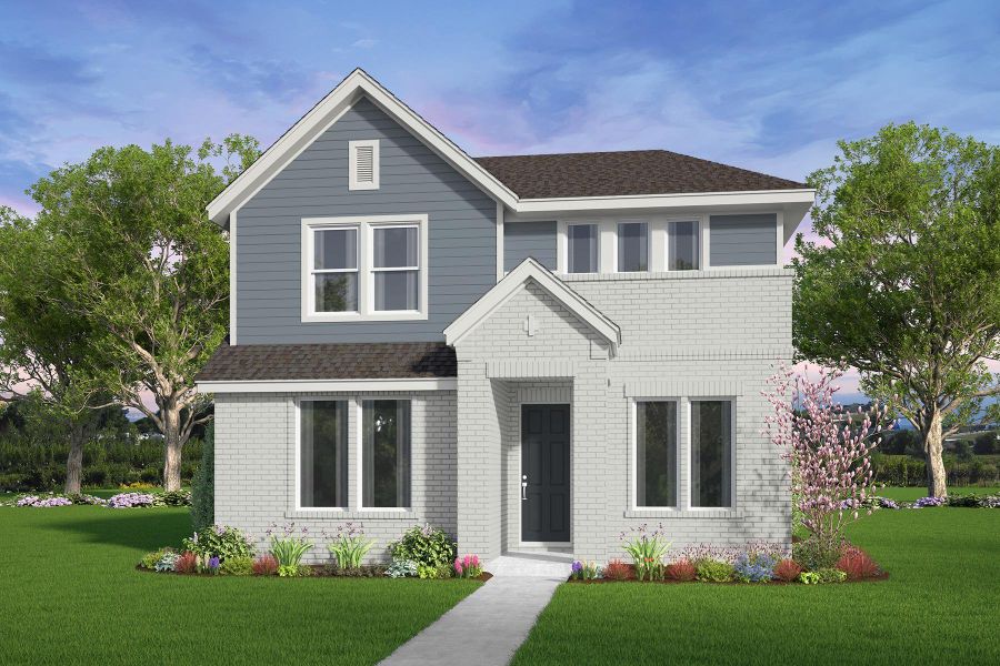 Front exterior of a new home in 40' Alley Load Homes at Elyson, Katy, TX, highlighting curb appeal (Image 1). Front exterior of a new home in 40' Alley Load Homes at Elyson, Katy, TX, highlighting curb appeal (Image 1).