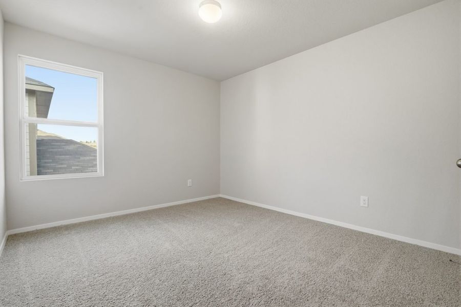 Image of a bedroom with light grey walls, tan carpeting, a window and white trim