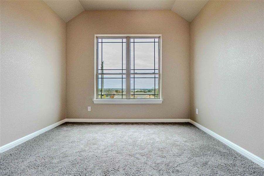 Carpeted spare room featuring vaulted ceiling