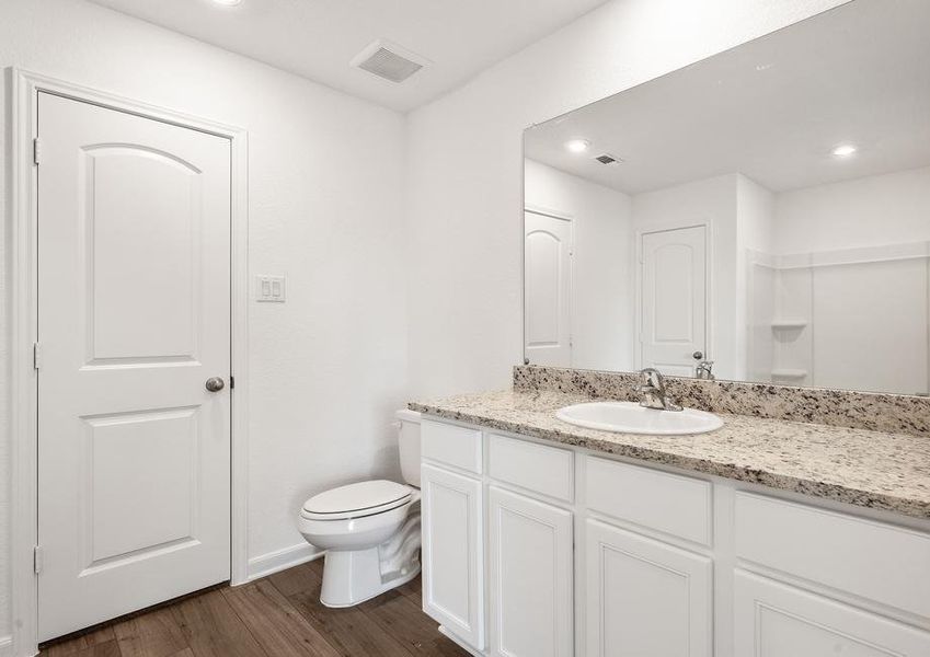 Master bathroom with a single-sink vanity and dual shower and tub.