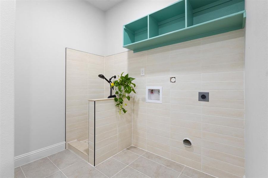 Full bathroom with tile patterned flooring and walk in shower Full bathroom with tile patterned flooring and walk in shower