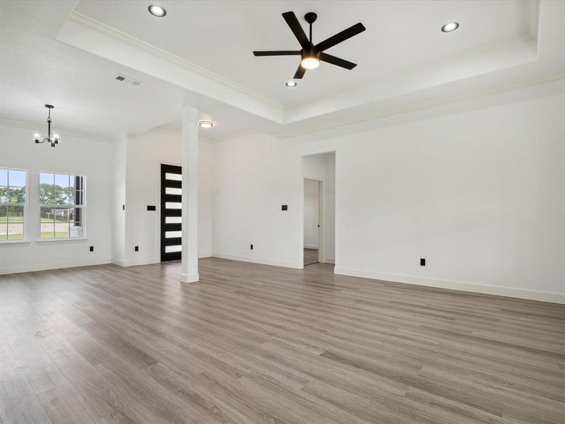 Empty room featuring ornamental molding, light hardwood / wood-style floors, and a tray ceiling