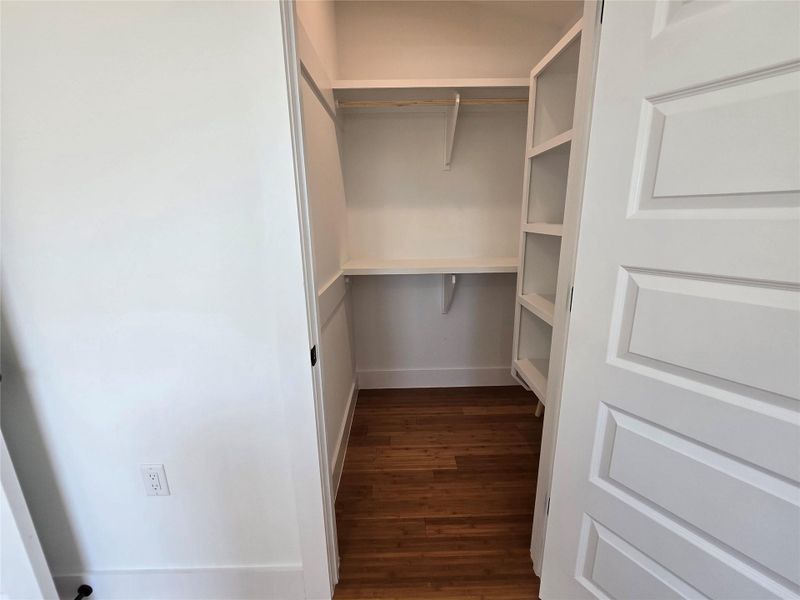 Spacious closet with dark wood-style floors Spacious closet with dark wood-style floors
