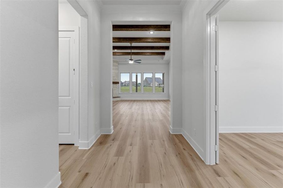 Hallway with wood-finish flooring, white trim, and doors Hallway with wood-finish flooring, white trim, and doors