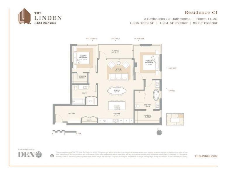 C1 Floor Plan featuring 2 bedrooms and 2 bathrooms. The spacious layout includes an open living and dining area, complemented by a modern kitchen with high-end appliances and an island for additional seating. This unit offers breathtaking views of downtown Austin, the Hill Country, UT Campus and the Capitol, providing a unique blend of urban and natural scenery. Residents will also enjoy access to a full level of elevated amenities.