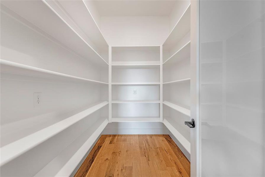 Expansive pantry featuring extensive built-in shelving, light wood-finish flooring, and white walls Expansive pantry featuring extensive built-in shelving, light wood-finish flooring, and white walls