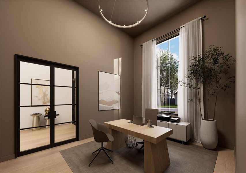 Tailored and tranquil, this dedicated home office pairs warm wood tones with abundant natural light. A clean-lined desk anchors the room, while full-height windows frame leafy views—offering a refined environment for productivity without sacrificing comfort. Tailored and tranquil, this dedicated home office pairs warm wood tones with abundant natural light. A clean-lined desk anchors the room, while full-height windows frame leafy views—offering a refined environment for productivity without sacrificing comfort.