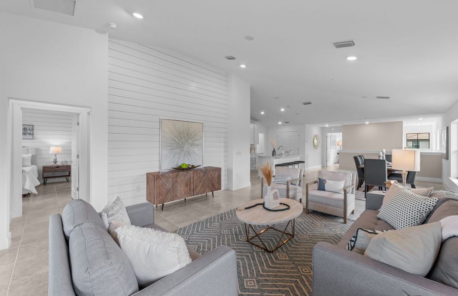 Gathering room, dining space, and kitchen all seamlessly connected