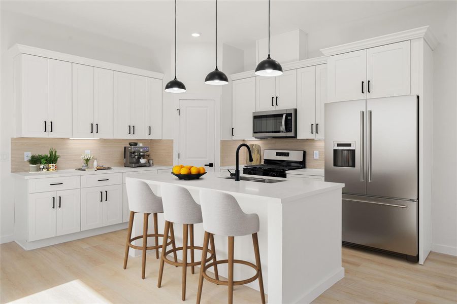 Bright, modern kitchen with white cabinetry, stainless steel appliances, and a spacious island with seating. Features include high ceilings, recessed and pendant lighting, ample counter space, and a walk-in pantry. *Virtually Staged Bright, modern kitchen with white cabinetry, stainless steel appliances, and a spacious island with seating. Features include high ceilings, recessed and pendant lighting, ample counter space, and a walk-in pantry. *Virtually Staged
