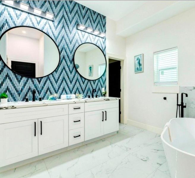 Primary bathroom with dual vanity