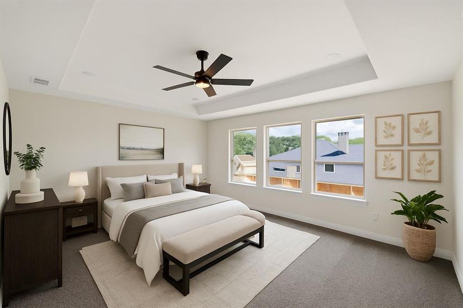 Virtually Staged - Master Bedroom Carpeted bedroom with a raised ceiling and ceiling fan Virtually Staged - Master Bedroom Carpeted bedroom with a raised ceiling and ceiling fan