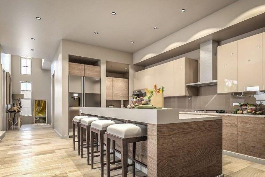 Kitchen with wall chimney range hood, a large island, gas stovetop, and modern cabinets